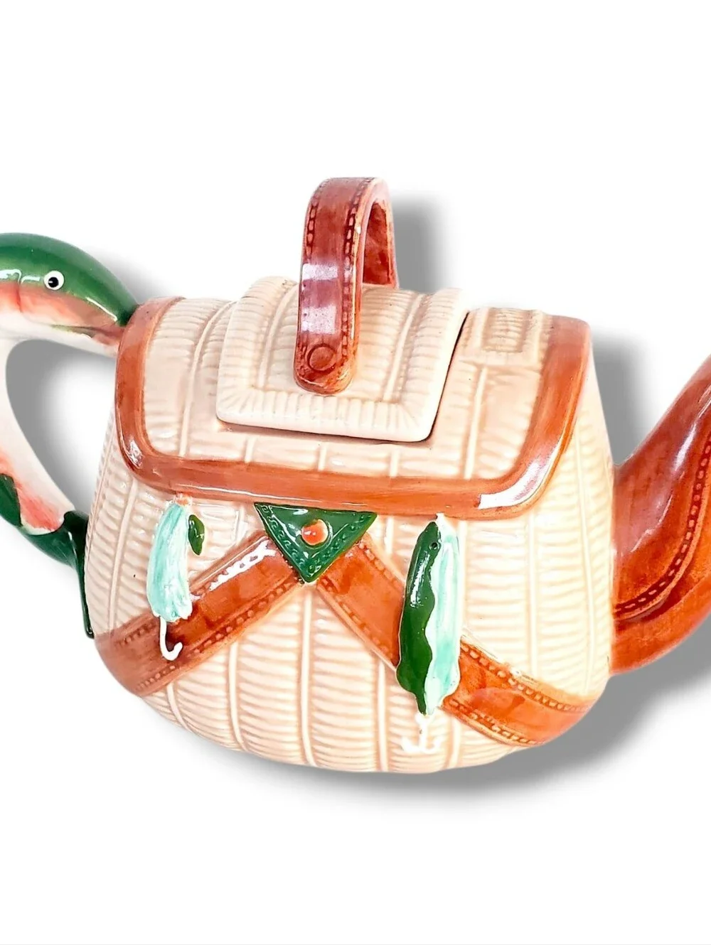 Midwest 3D Fishing Basket Teapot Fish Handle Taiwan Ceramic Whimsical Vintage